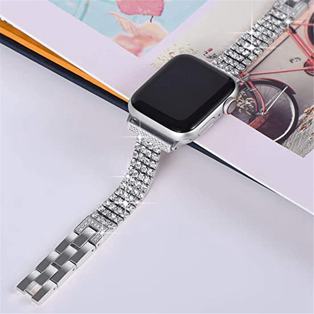 For Apple Watch Series 9 8 7 41mm 6 5 SE SE(2022) SE (2023) 4 40mm 3 2 1 38mm Four Rows Rhinestone Decor Stainless Steel Watch Band Wrist Strap For Apple Watch Series 9 8 7 41mm 6 5 SE SE(2022) SE (2023) 4 40mm 3 2 1 38mm Four Rows Rhinestone Decor Stainless Steel Watch Band Wrist Strap